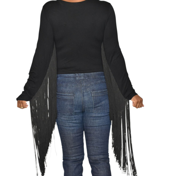 ASOS Fringe Bodysuit Black Plunge V Neck Long Sleeve Stretch Statement Blouse 6 - Picture 3 of 13